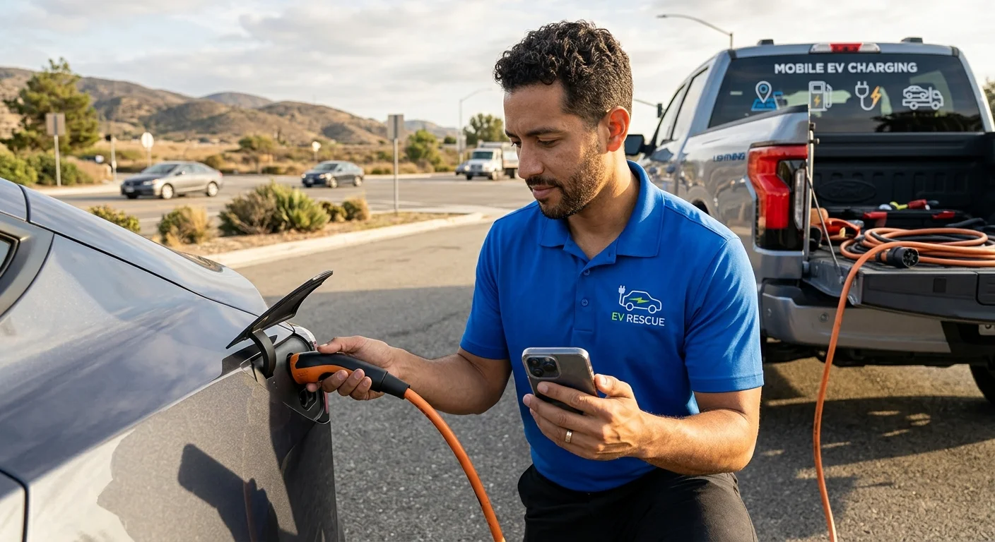Tesla mobile service van and a mobile EV charging truck side by side