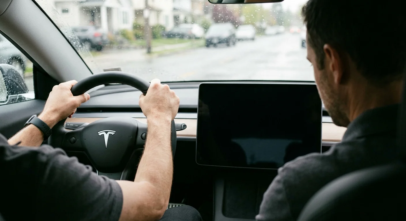 Tesla front trunk open showing the lithium 12V battery