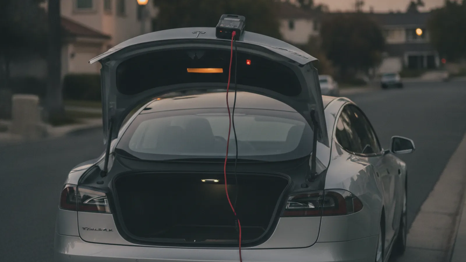 Silver Tesla Model S with the frunk open and a lithium jump pack connected, parked on a Bellevue street at dusk
