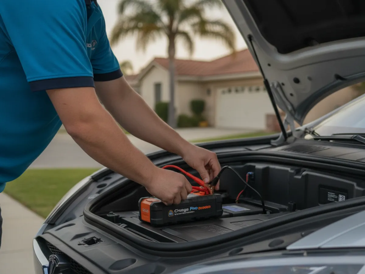Mobile EV rescue technician in an electric-blue polo connecting a lithium jump pack to the 12V battery inside the open frunk of a silver Tesla Model S in a Bellevue driveway