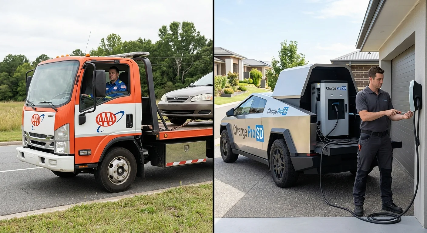 A split scene showing a generic tow truck on one side and a mobile EV rescue vehicle on the other