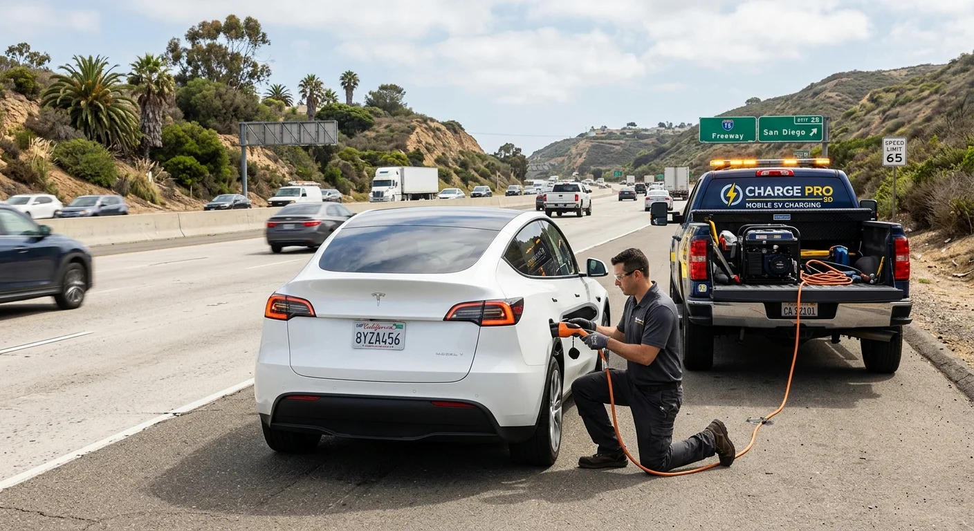 A Tesla Model Y on the shoulder of a Bellevue freeway with a mobile charging truck approaching from behind.