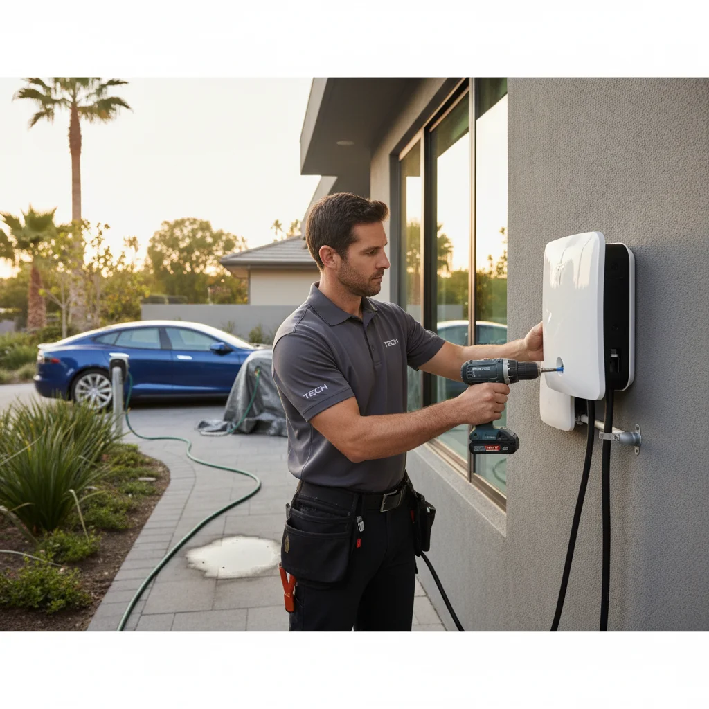Tesla Model S being assisted by a service technician on a Bellevue residential street with a clipboard and invoice visible.