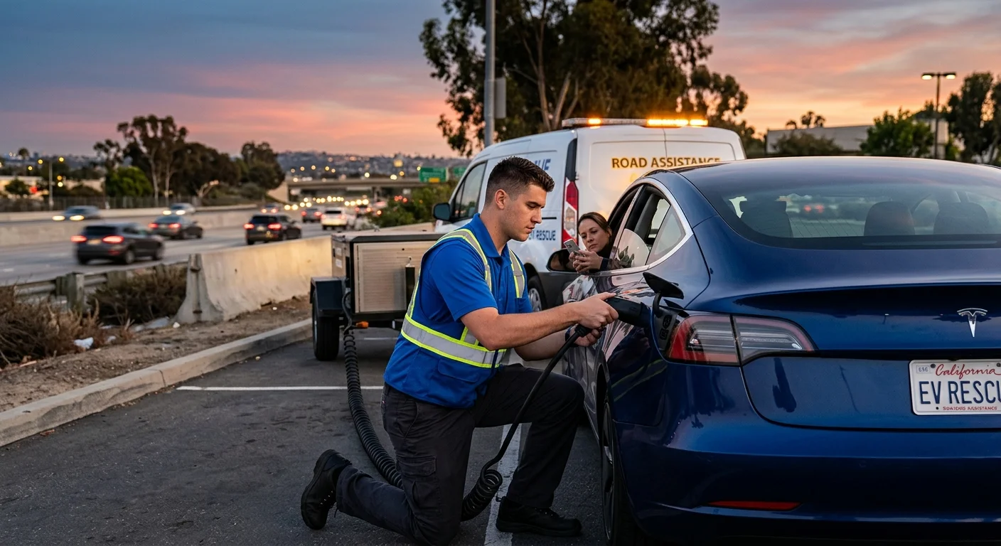 Driver checking roadside options beside a Tesla at a Bellevue park and ride at dusk