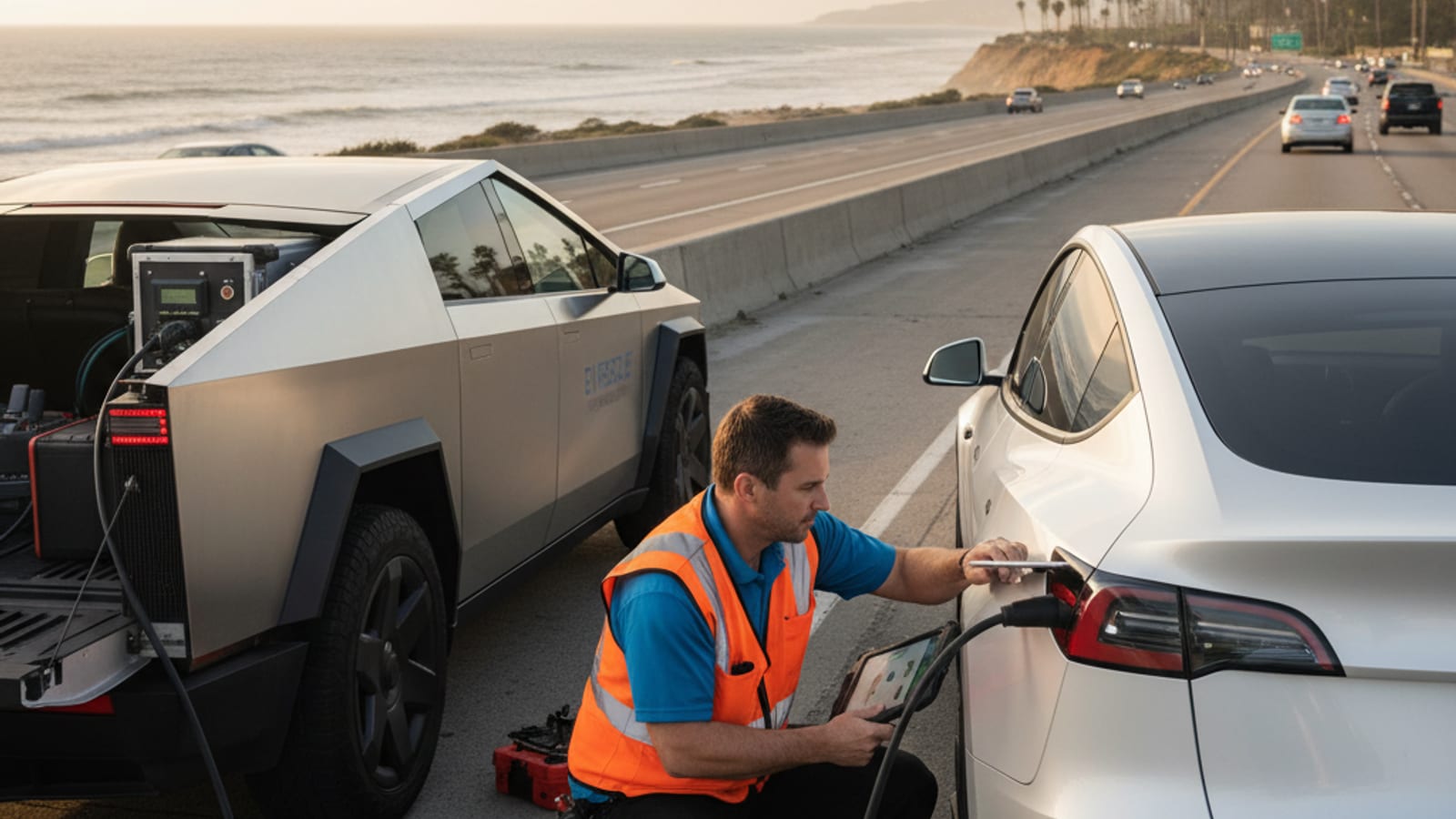 A Tesla Model 3 stranded on the side of I-5 near Shoreline, with a mobile EV rescue vehicle approaching to provide charging.