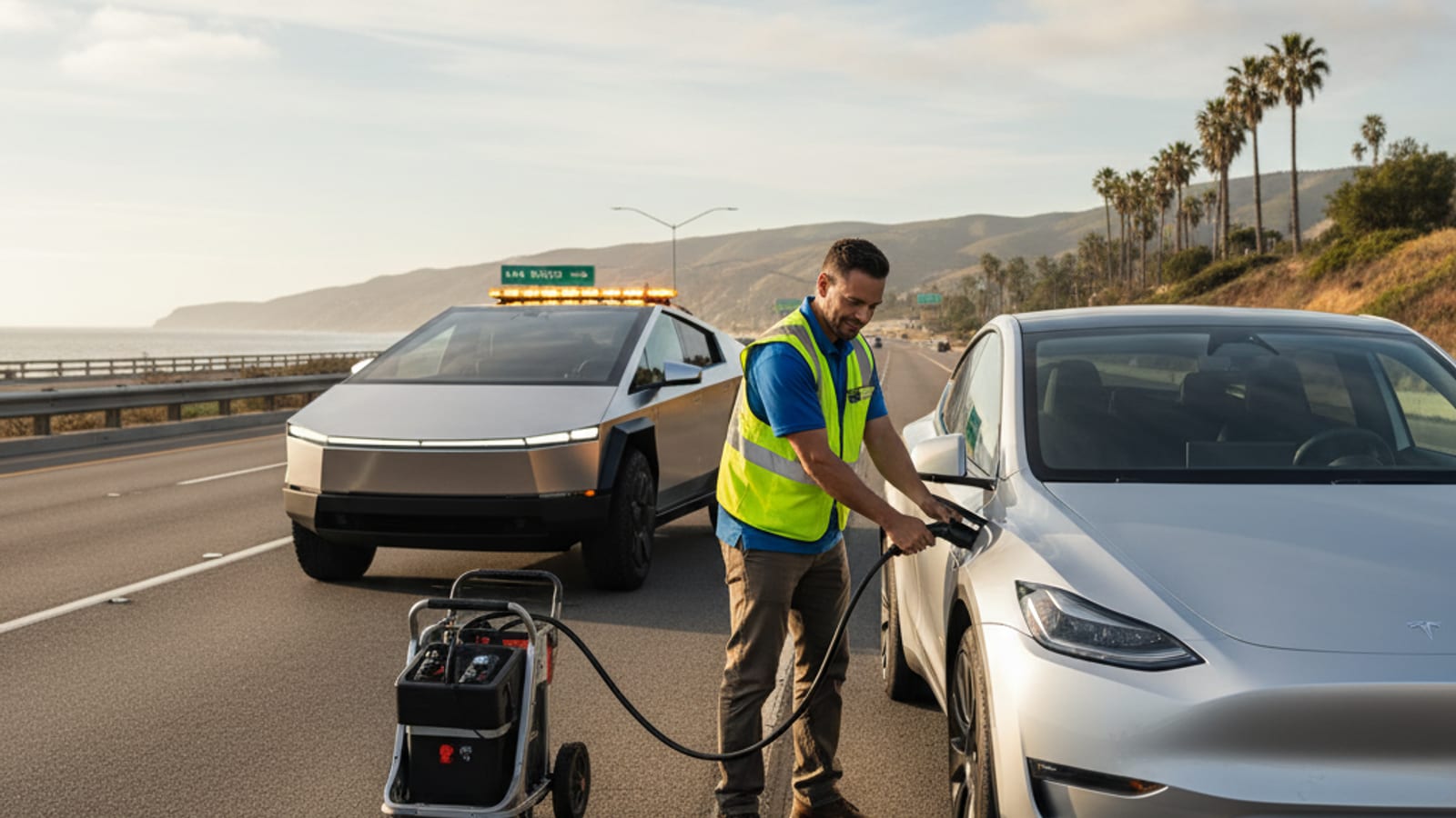 Tesla Model 3 pulled over on a Bellevue freeway shoulder with a mobile charging truck providing range.