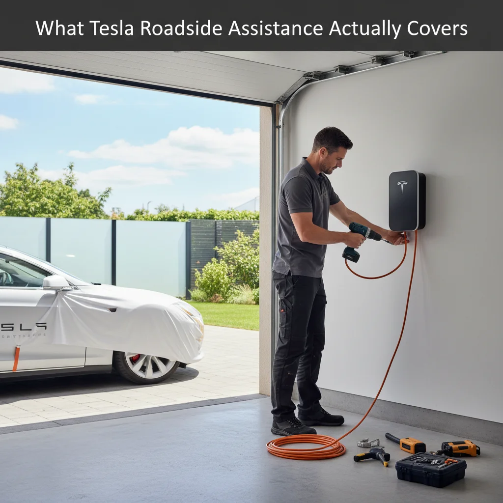 Tesla at the curb with a mobile operator vehicle and an app showing the policy screen
