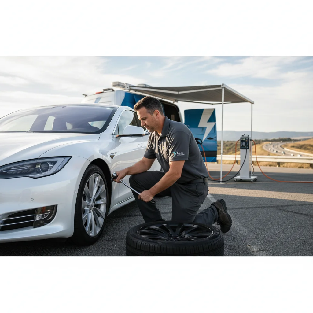 Tesla with a flat tire on a wet road and a mobile operator vehicle approaching