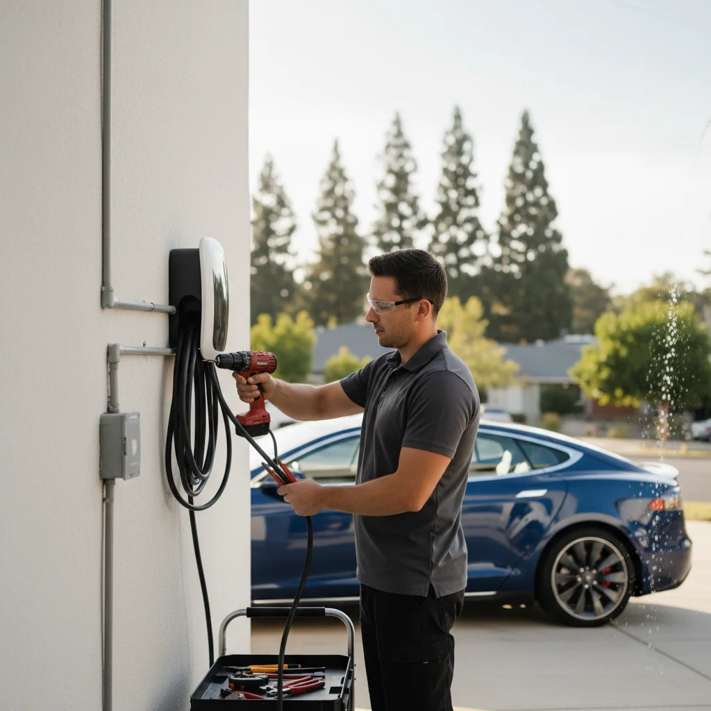Tesla at the curb with a mobile operator vehicle and an app showing roadside options