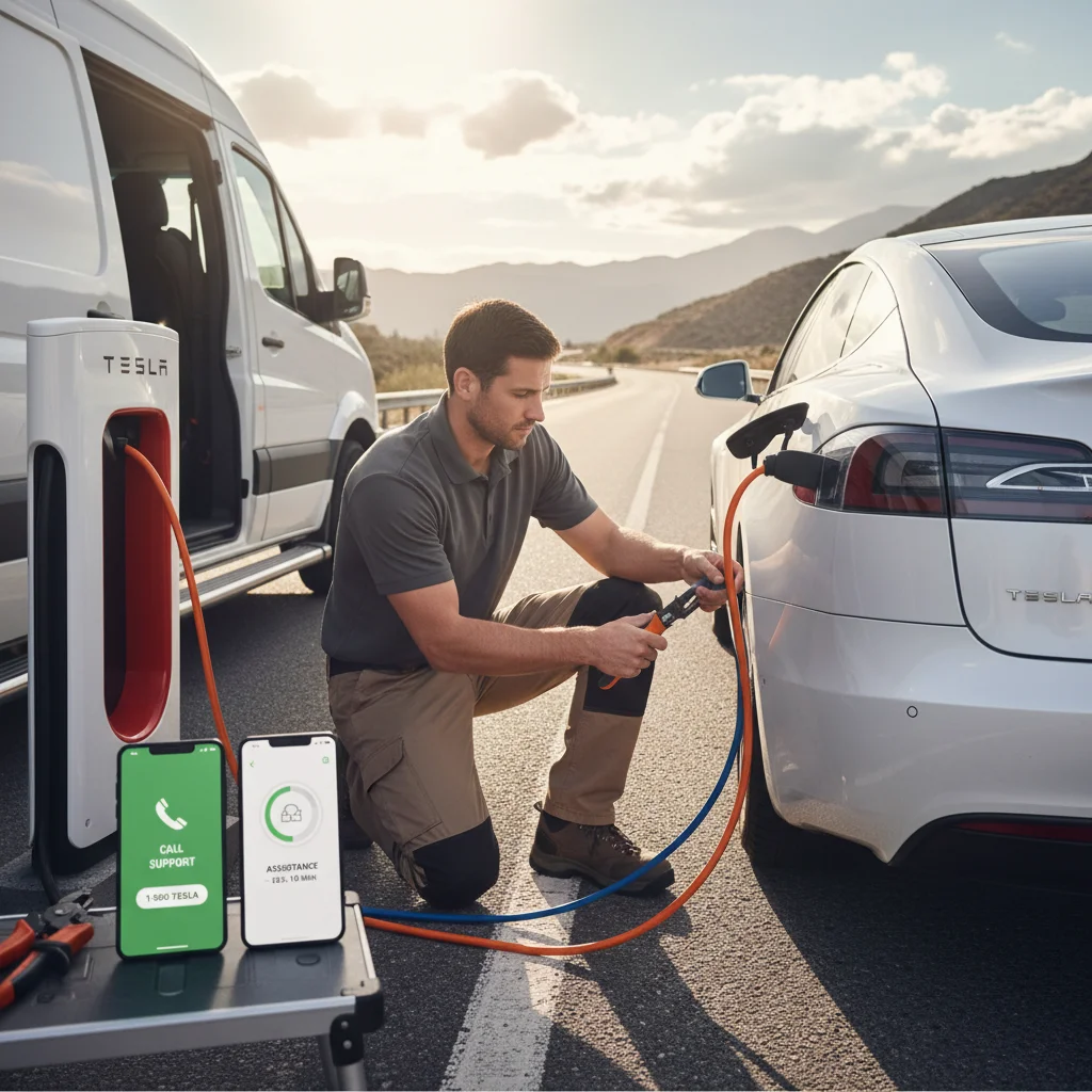 Driver using the Tesla app on a phone next to a stranded Tesla