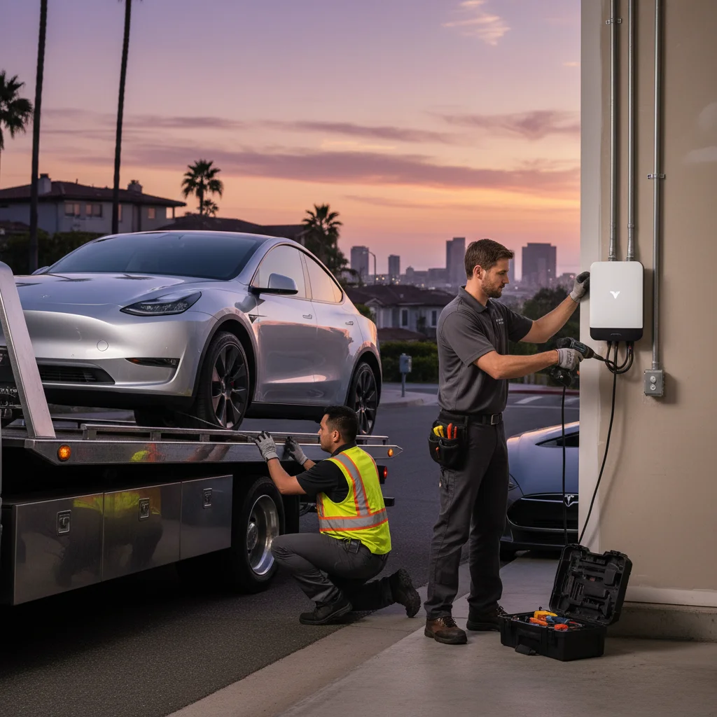 A general tow truck arriving for a Tesla roadside call