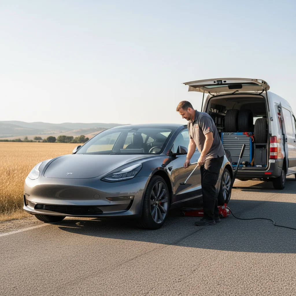 Tesla roadside tire repair in progress on a wet shoulder