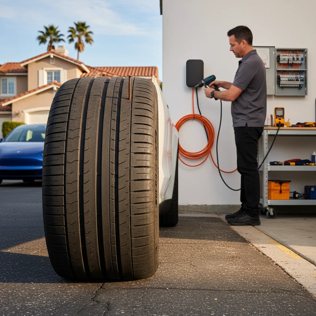 Close-up of a Tesla Model Y tire with a nail puncture on a Puget Sound street