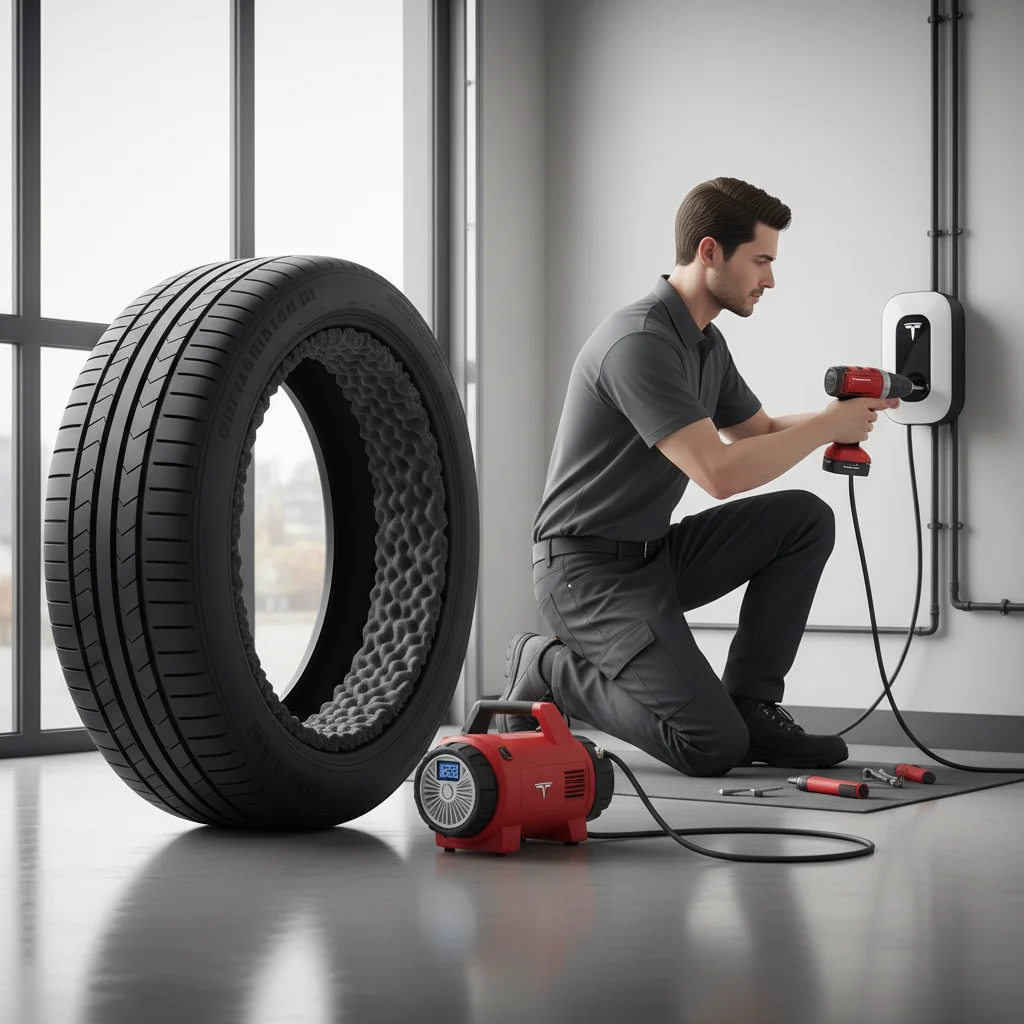 Cutaway-style image of a Tesla acoustic foam-lined tire on a clean shop floor next to a portable inflator