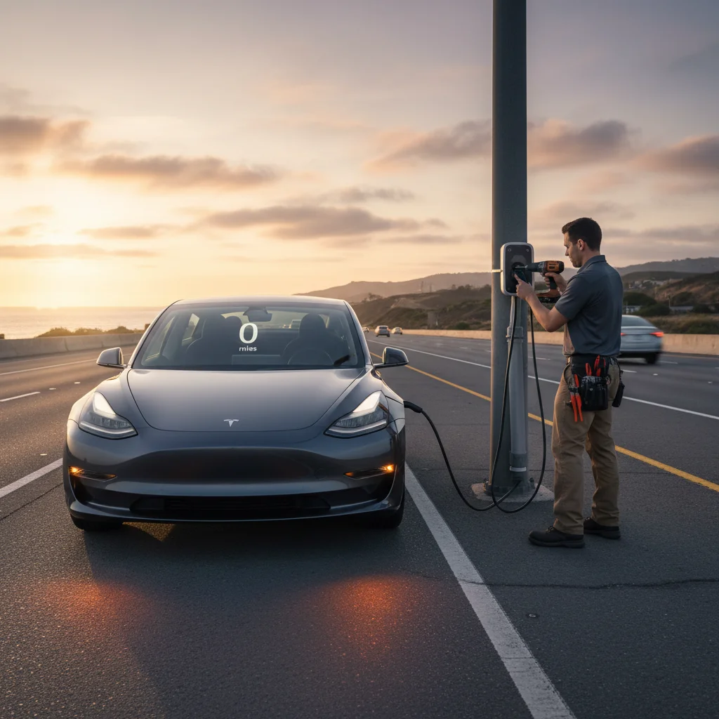 Tesla stopped on the I-5 shoulder with a mobile EV charging truck approaching