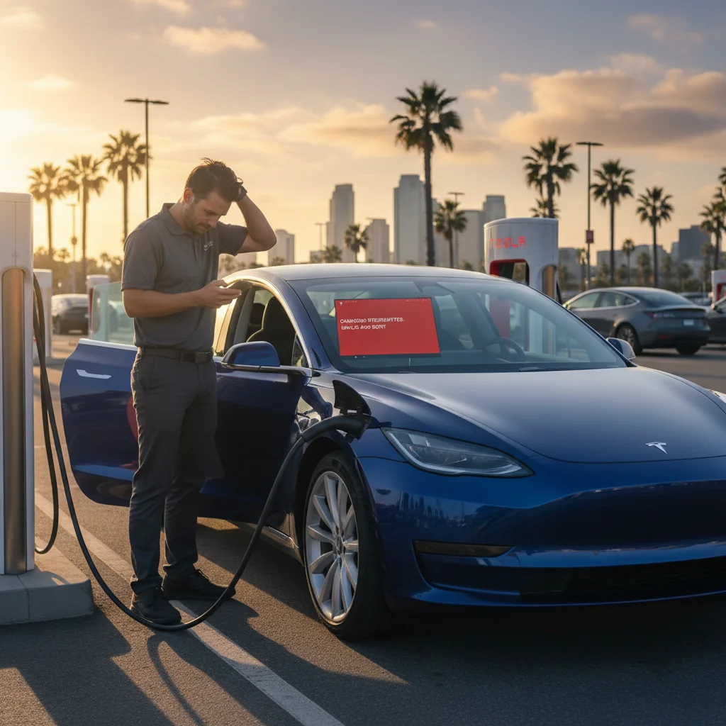 A Tesla driver looking at their phone with a frustrated expression, parked at a non-working Supercharger along the I-405 corridor at dusk