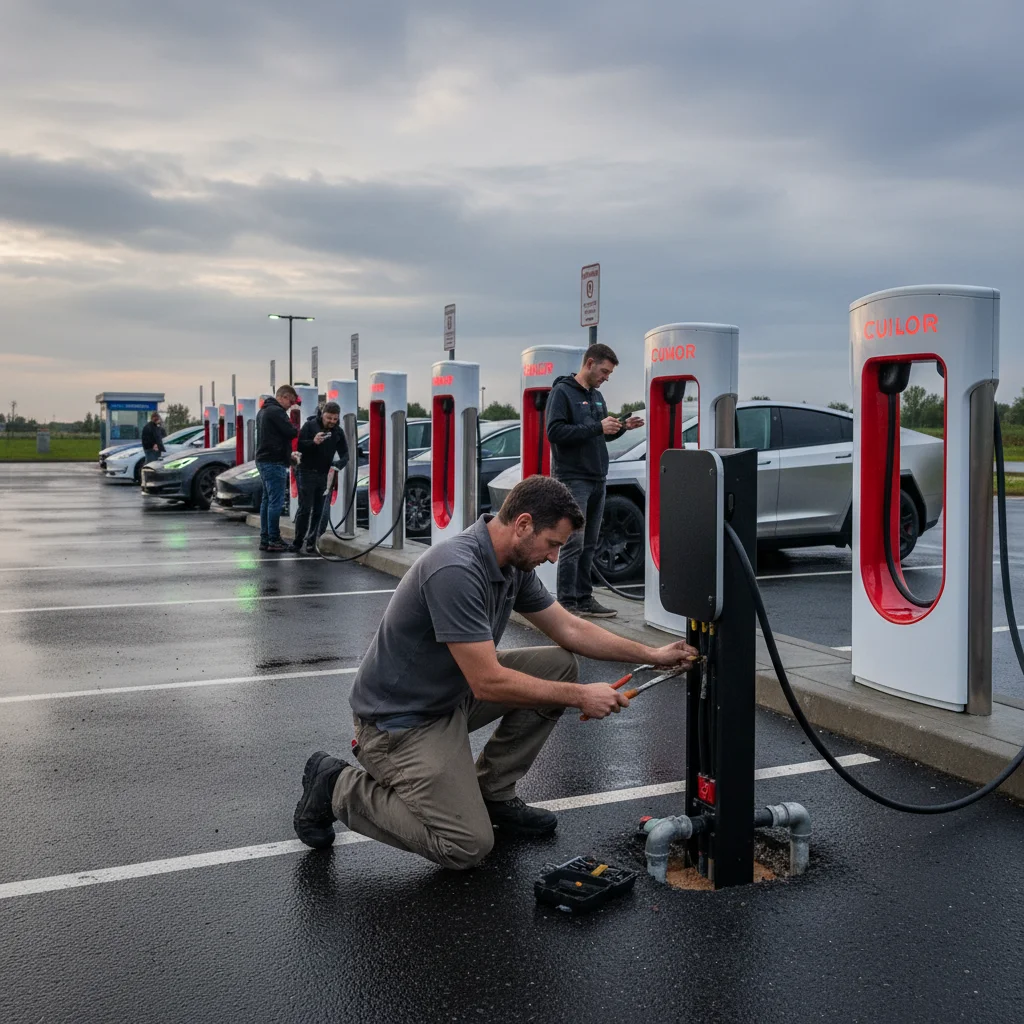 Tesla Supercharger station along I-405 with a few stalls full and several with red error indicators, drivers waiting outside their cars, photorealistic