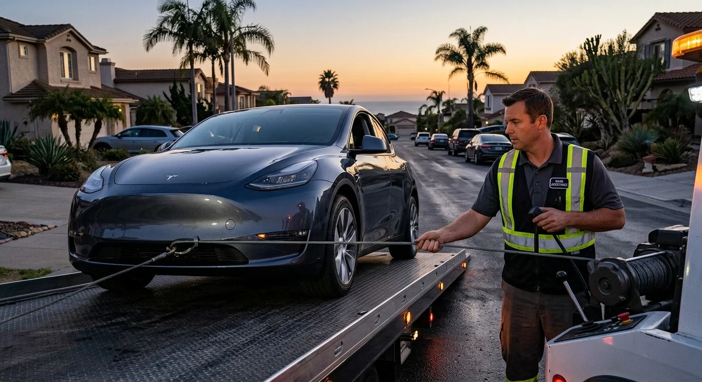 Tesla loaded onto a flatbed tow truck with care