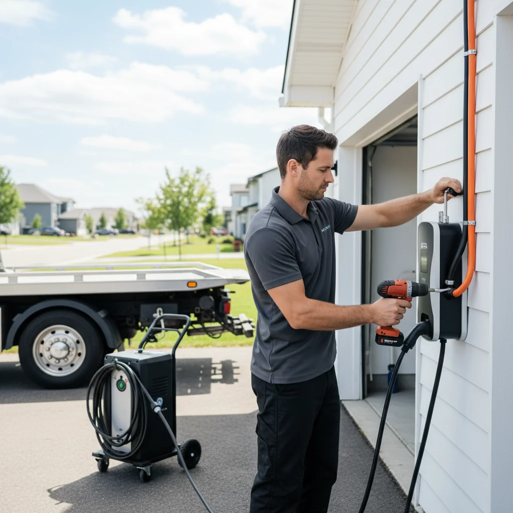 Split scene showing a phone displaying a rideshare roadside assistance app on one side and a mobile charging truck connected to an EV on the other