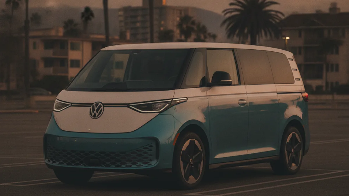 VW ID.Buzz van with hood open for a 12V jump on a wet morning