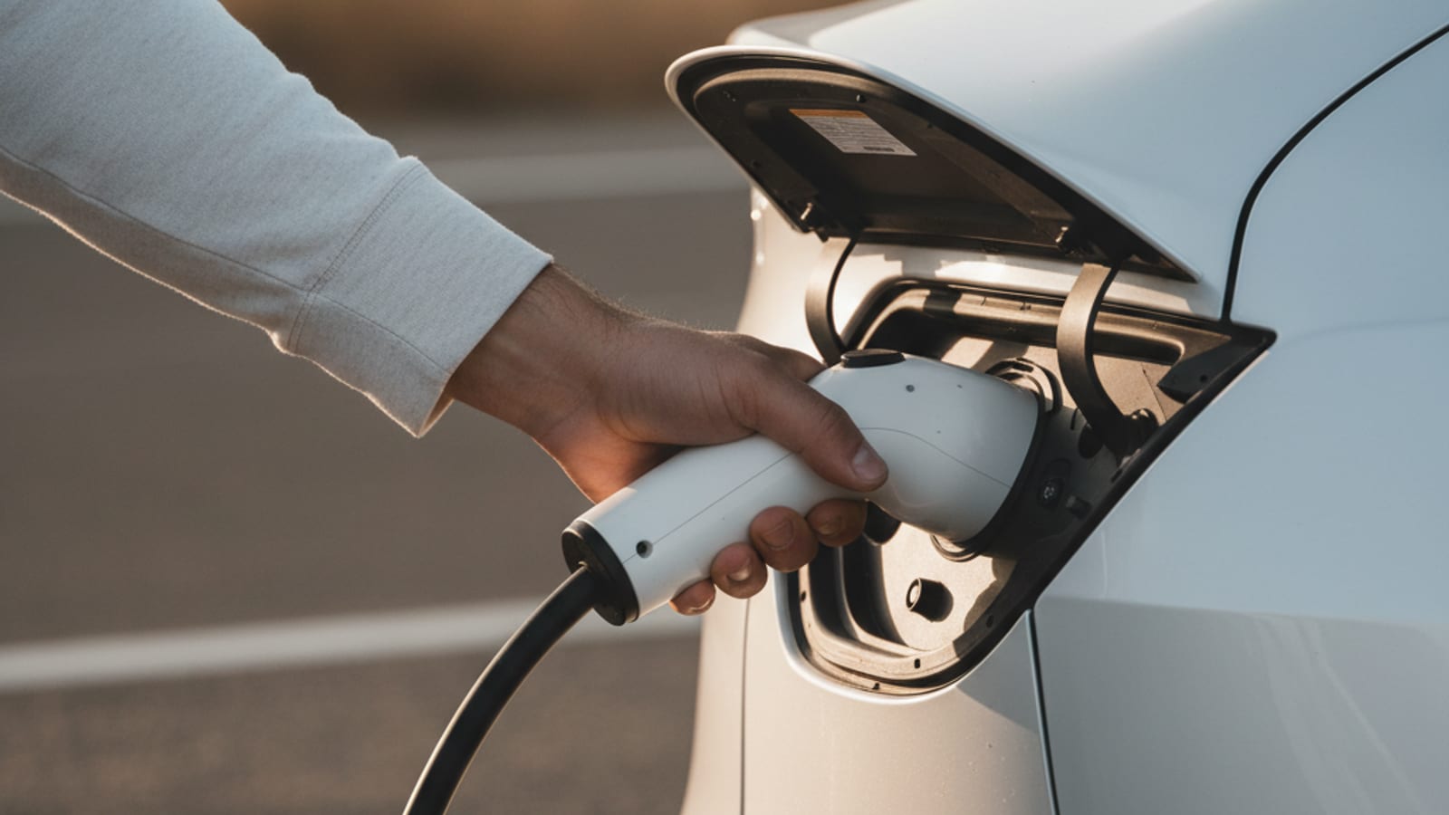 Close-up of a NACS charging connector and open charge port door on a Tesla Model Y with visible moisture beading on the port housing in a Bellevue driveway