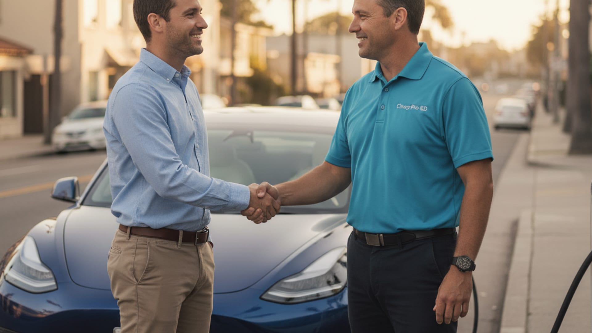 A mobile EV rescue technician in an electric-blue polo shaking hands with a relieved Tesla owner beside a Model 3 on a Seattle street at golden hour