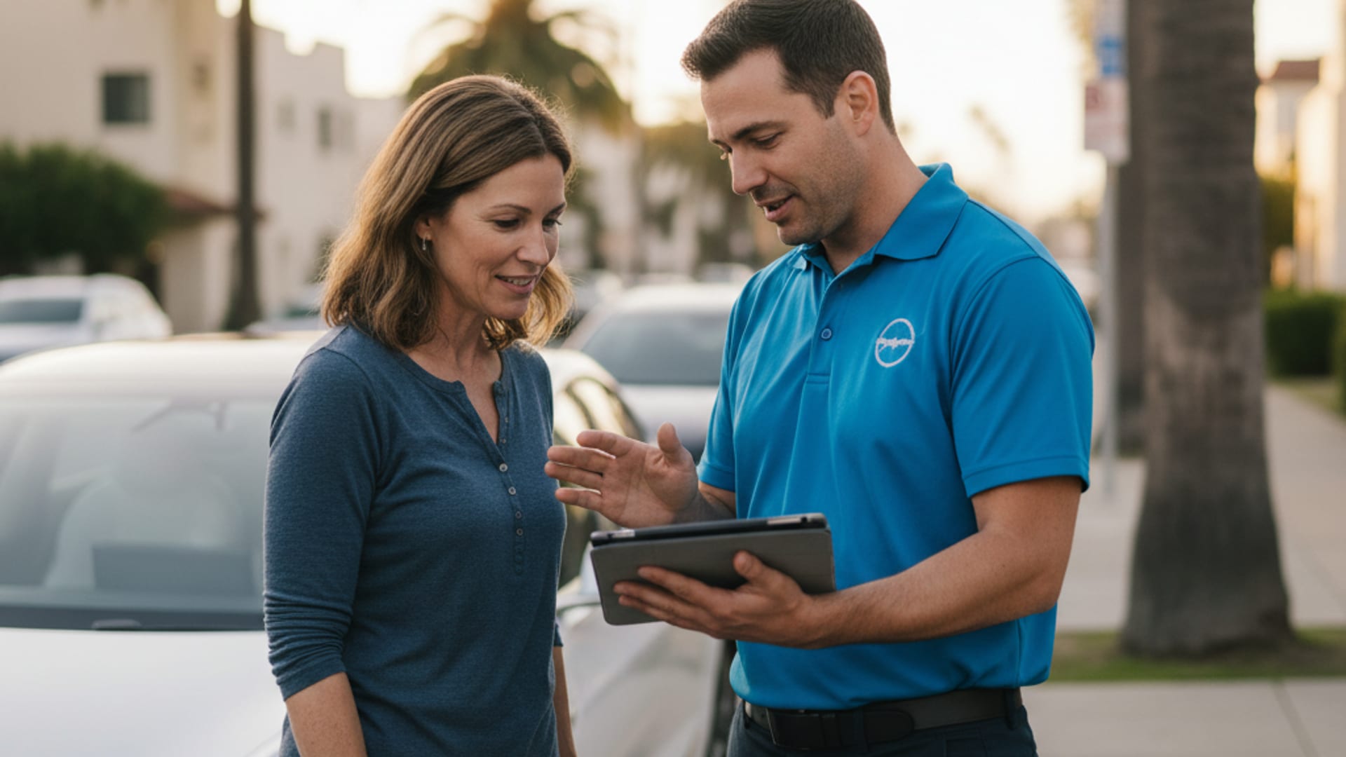 A mobile rescue operator in an electric-blue polo explaining the rescue process to a relieved Tesla owner beside a charging Model 3