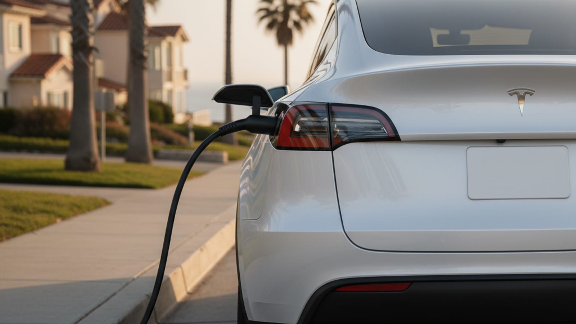 Independent operator in an electric-blue polo connecting a NACS charging cable to a stranded Tesla Model Y on a Seattle street at golden hour