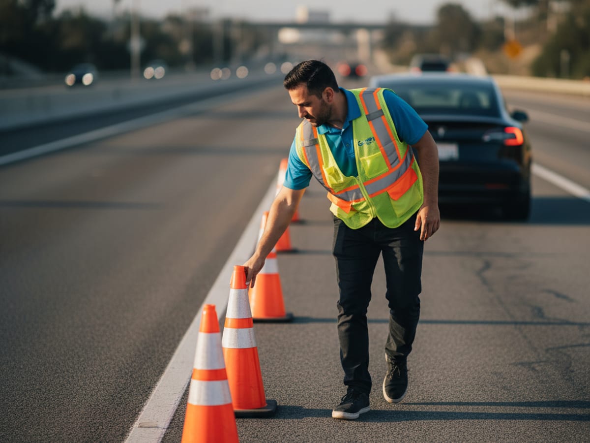 A mobile EV rescue technician in an electric-blue polo deploying orange safety cones on a Puget Sound region freeway shoulder beside a stranded Tesla