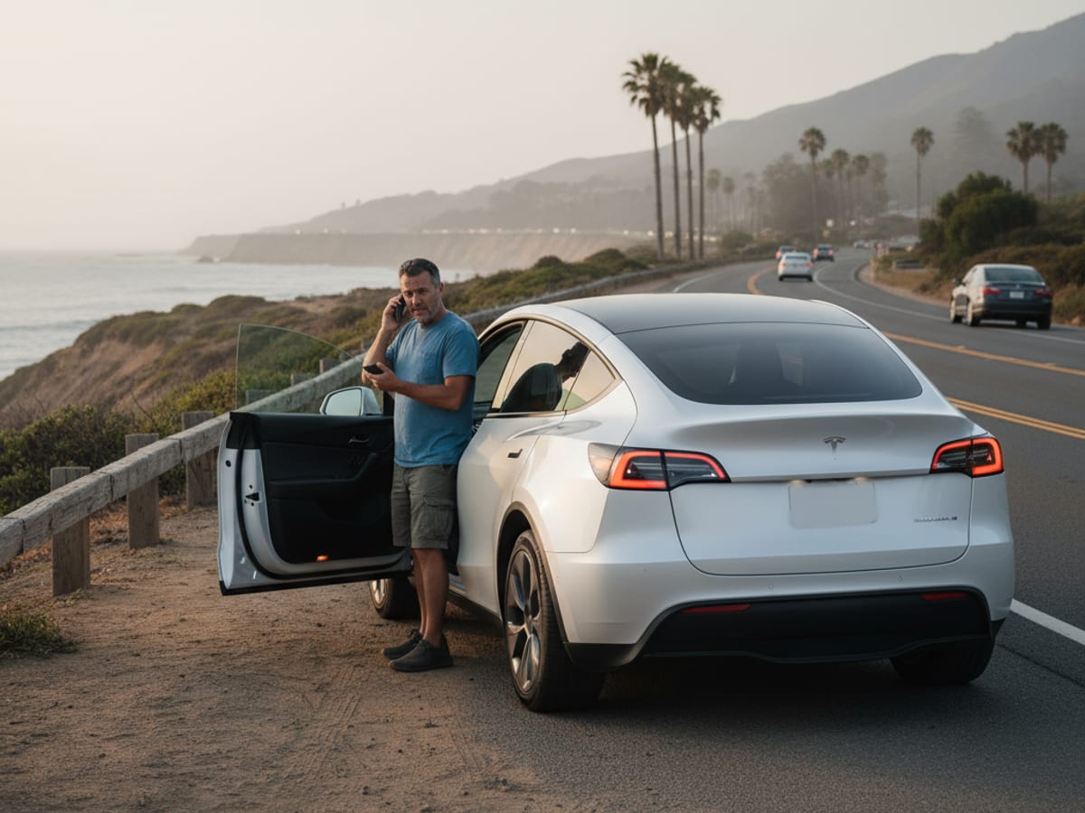 A mobile EV rescue technician connecting a NACS charging cable to a stranded Tesla Model Y charge port on a Puget Sound region street